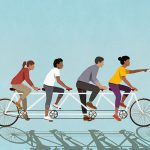 image of 4 people riding a tandem bicycle with the leader pointing the way